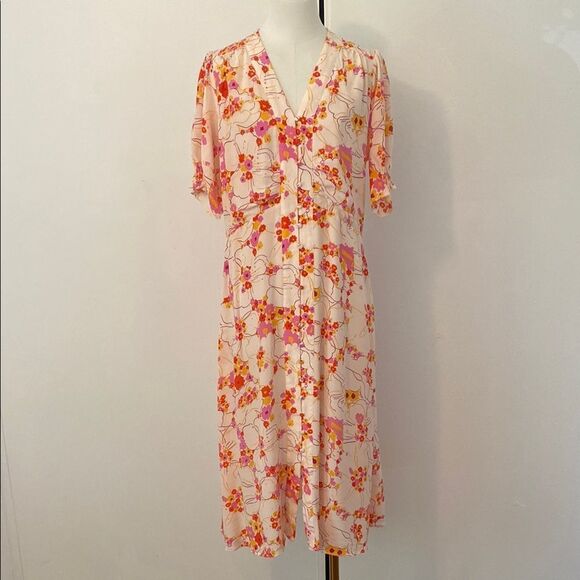 SUNCOO Paris Cream Orange & Pink Floral Clay Midi Dress size T3/ L - Picture 3 of 16
